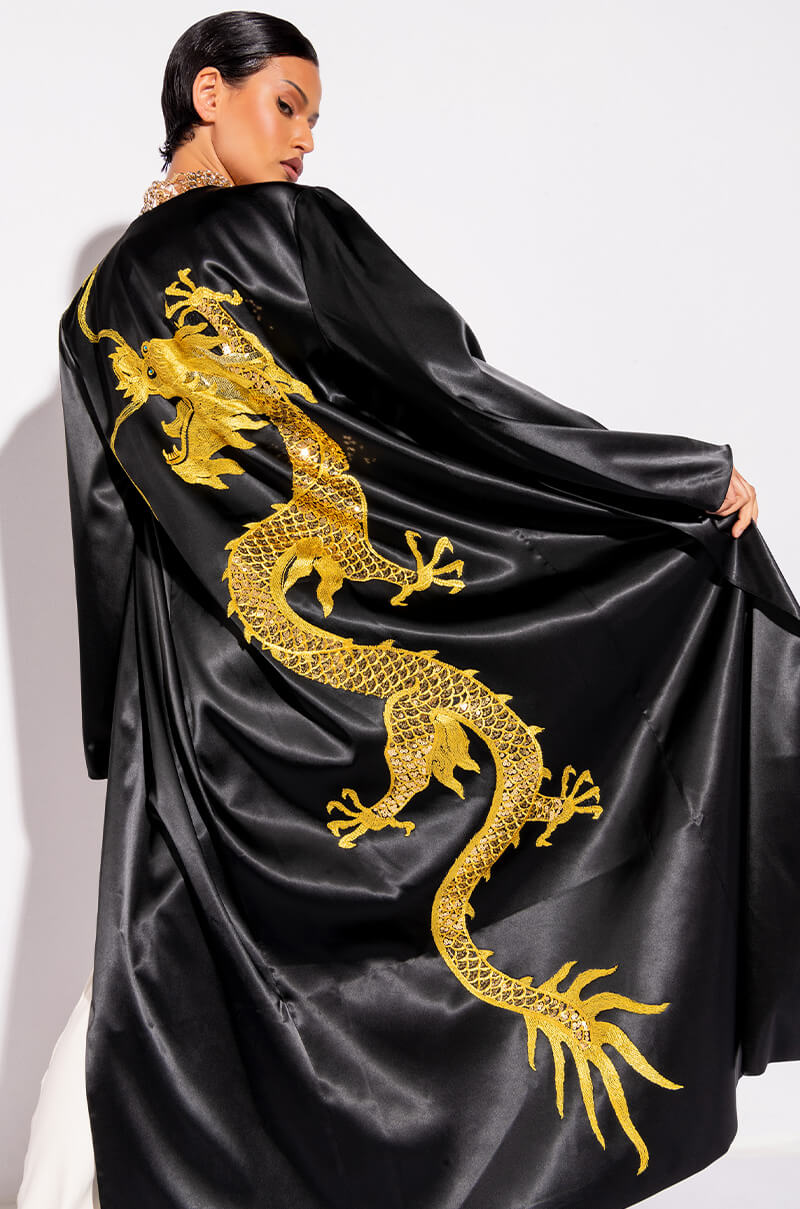 SATIN DUSTER WITH EMBROIDERED DRAGON