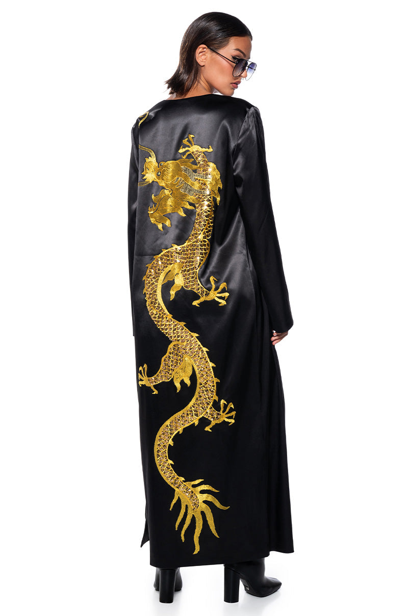 SATIN DUSTER WITH EMBROIDERED DRAGON