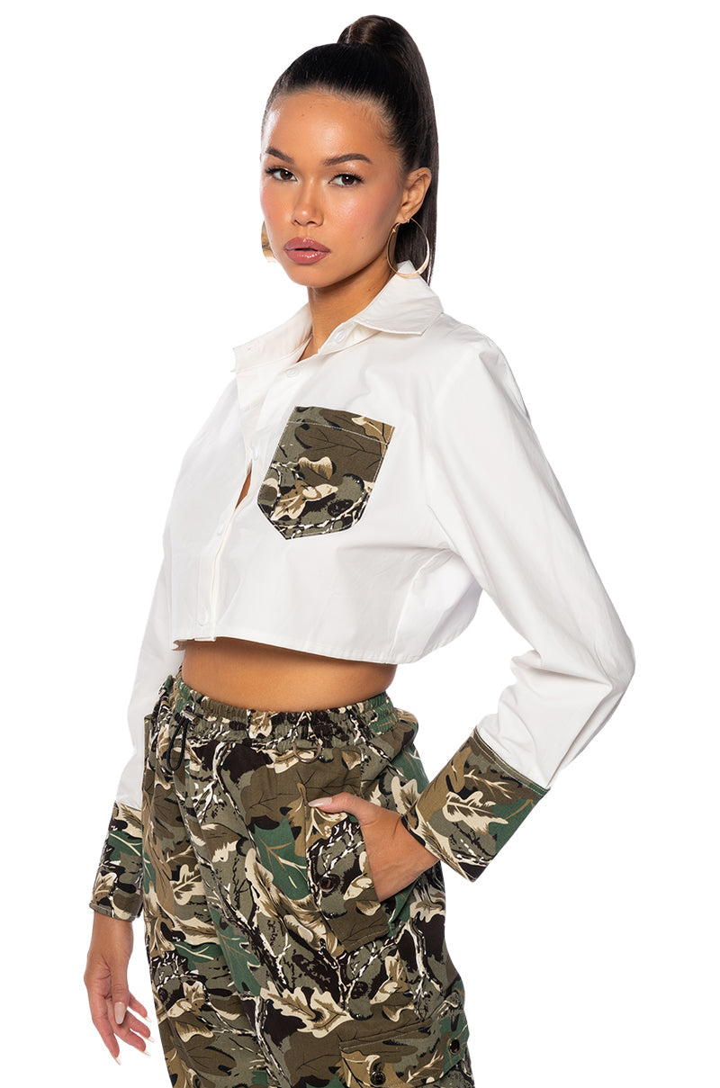 SURVIVAL MODE CROPPED BUTTON DOWN BLOUSE