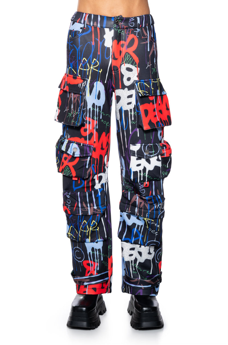 TAG ME GRAFFITI EMBELLISHED SCUBA CARGO PANTS