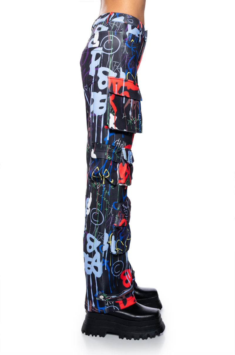 TAG ME GRAFFITI EMBELLISHED SCUBA CARGO PANTS