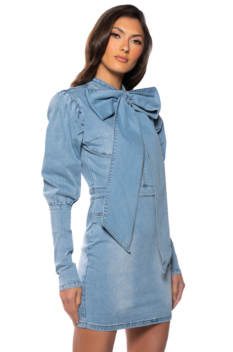 TAKE A BOW DENIM LONGSLEEVE MINIDRESS