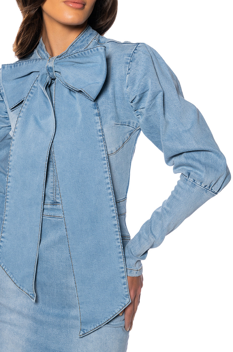 TAKE A BOW DENIM LONGSLEEVE MINIDRESS