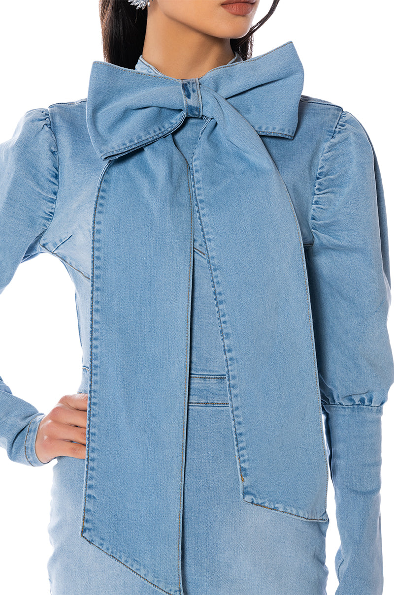 TAKE A BOW DENIM LONGSLEEVE MINIDRESS
