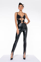 TE-QUIERO HIGH RISE VEGAN LEATHER SKINNY PANT WITH SLIT