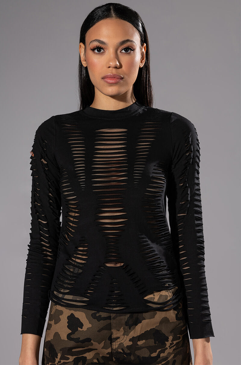 TELL EM DISTRESSED LAYERED LONG SLEEVE TOP