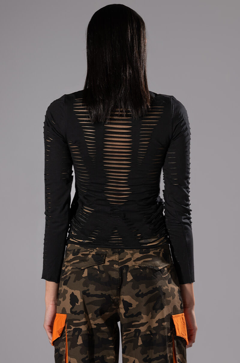 TELL EM DISTRESSED LAYERED LONG SLEEVE TOP