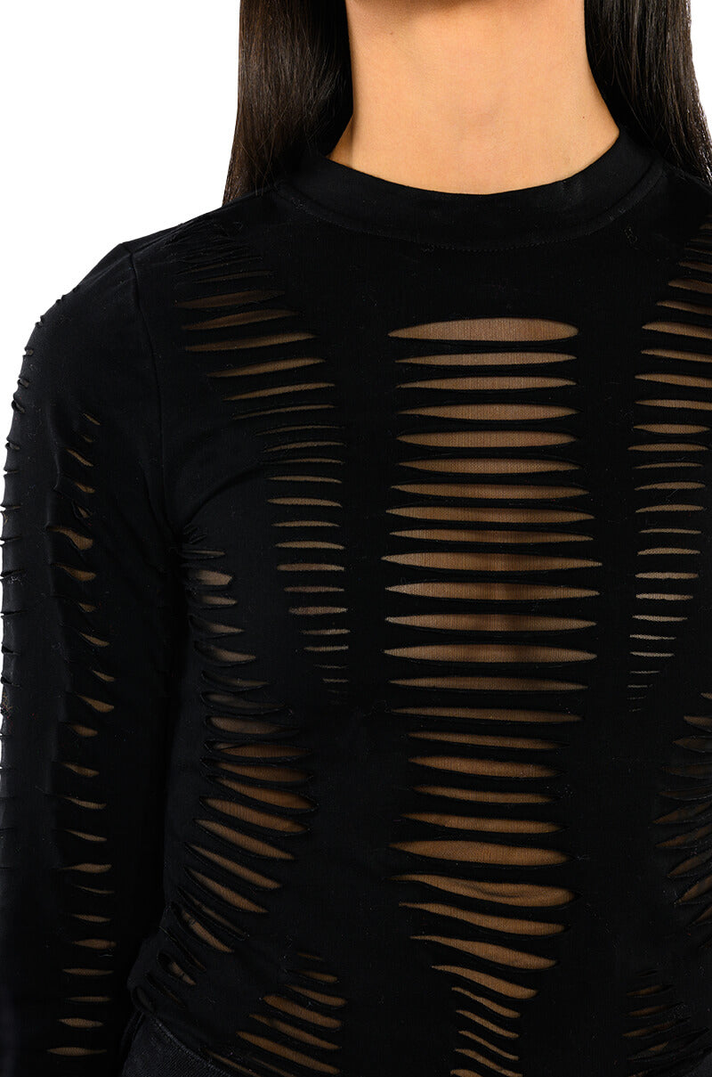 TELL EM DISTRESSED LAYERED LONG SLEEVE TOP