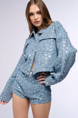 TEXTURED SEQUIN DENIM CROP JACKET
