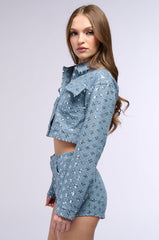 TEXTURED SEQUIN DENIM CROP JACKET