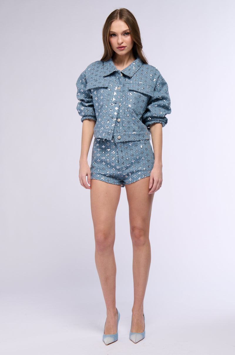 TEXTURED SEQUIN DENIM MINI SHORTS