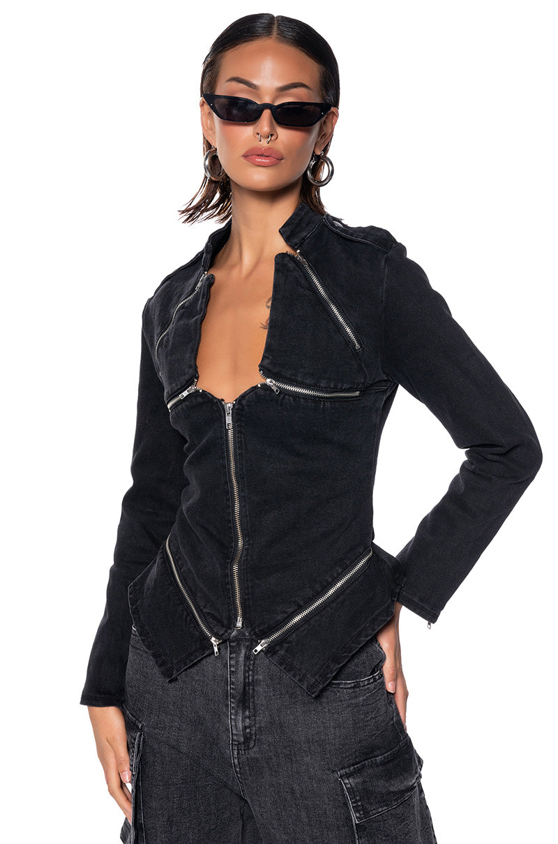 THE LYDIA ZIP UP DENIM JACKET TOP