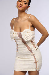 THINKING LESS PIN EMBELLISHED TWEED MINI DRESS IN WHITE