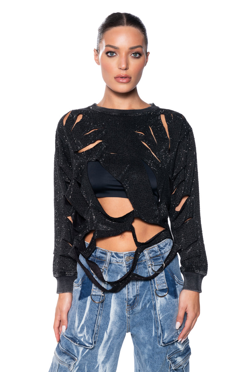 THRASHER RHINESTONE SHREDDED SWEATSHIRT