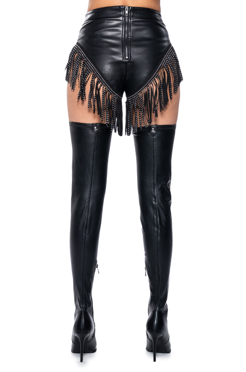 TINASHE FAUX LEATHER FRINGE SHORTS