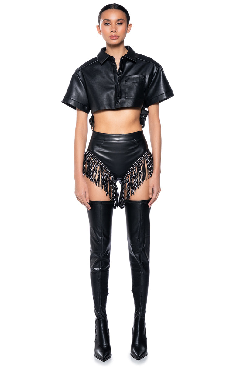TINASHE FAUX LEATHER FRINGE SHORTS