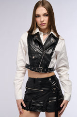 TOUCH ME FAUX LEATHER VEST OVERLAY BLOUSE