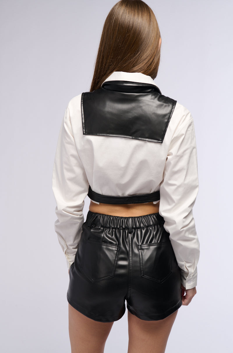 TOUCH ME FAUX LEATHER VEST OVERLAY BLOUSE