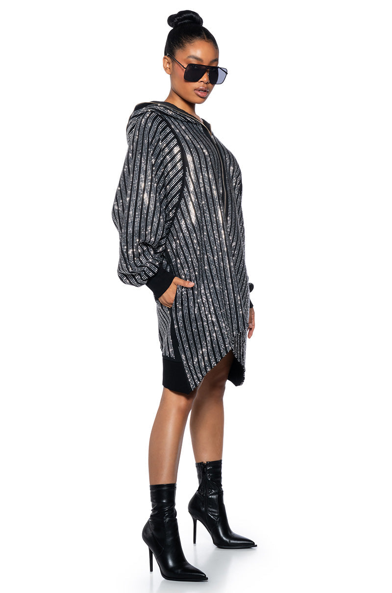 TRES CHIC PASSPORT OVERSIZE HOODED RHINESTONE ZIP UP JACKET