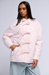 TRIBECCA PALE PINK QUILTED BOMBER WITH BOWS