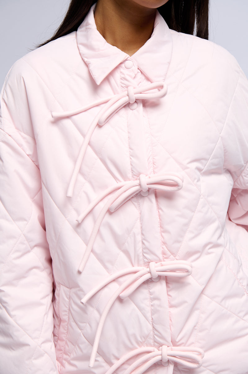 TRIBECCA PALE PINK QUILTED BOMBER WITH BOWS