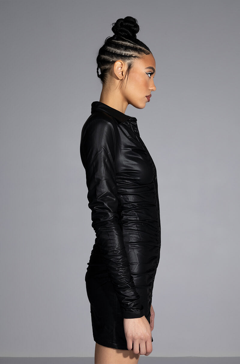ULTRA LUX FAUX LEATHER BUTTON DOWN MINI DRESS