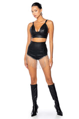 VIRGO'S GROOVE RHINESTONE FRINGE FAUX LEATHER SHORT