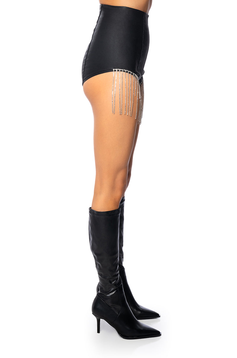VIRGO'S GROOVE RHINESTONE FRINGE FAUX LEATHER SHORT