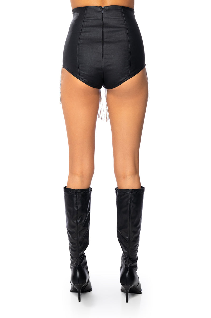 VIRGO'S GROOVE RHINESTONE FRINGE FAUX LEATHER SHORT