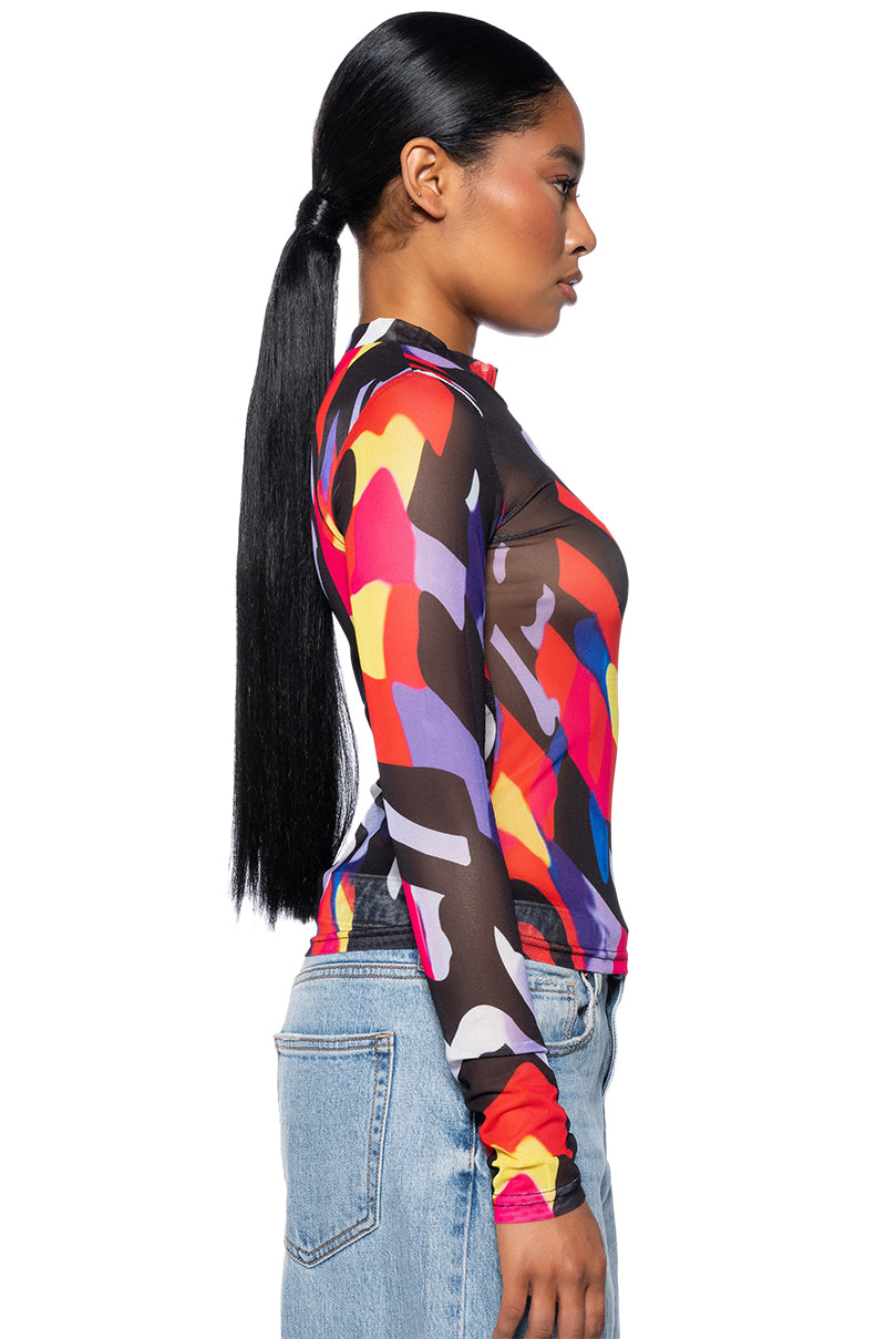 WHERE MY HEART IS MOCK NECK LONG SLEEVE MESH TEE