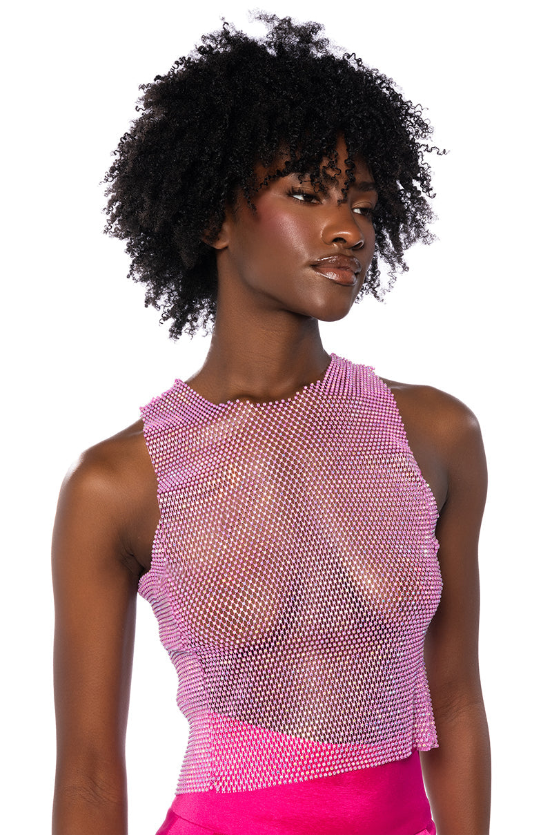 ZELDA RHINESTONE MESH SLEEVELESS TOP IN PINK