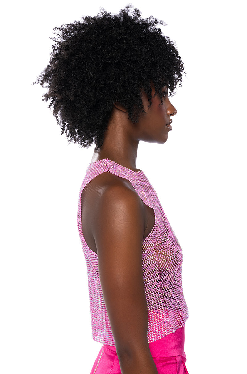 ZELDA RHINESTONE MESH SLEEVELESS TOP IN PINK