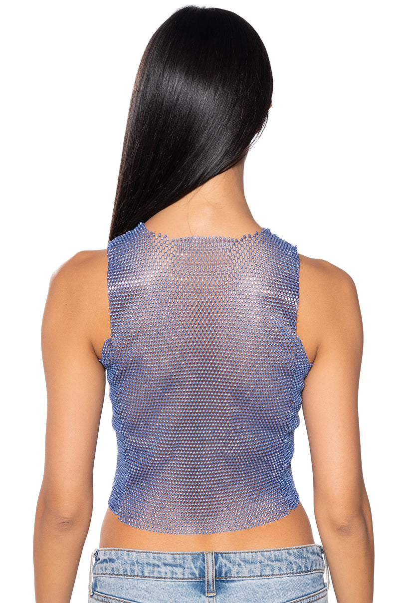 ZELDA RHINESTONE MESH SLEEVELESS TOP IN BLUE