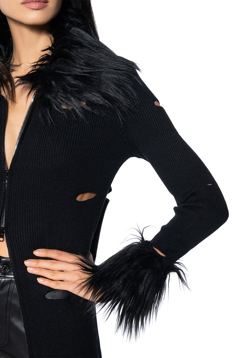 ZOE DISTRESSED FAUX FUR DETAIL MAXI CARDIGAN