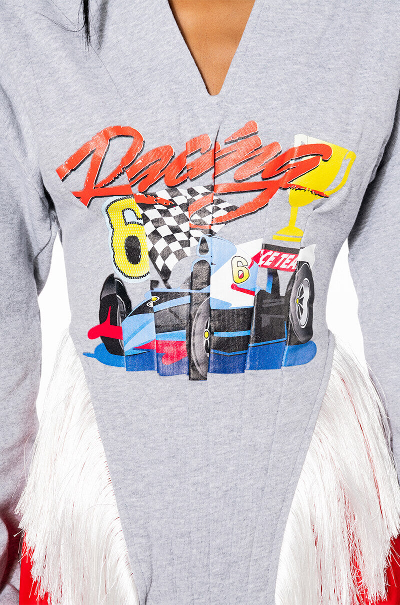 ZOOM ZOOM CORSETED FRINGE SWEATSHIRT